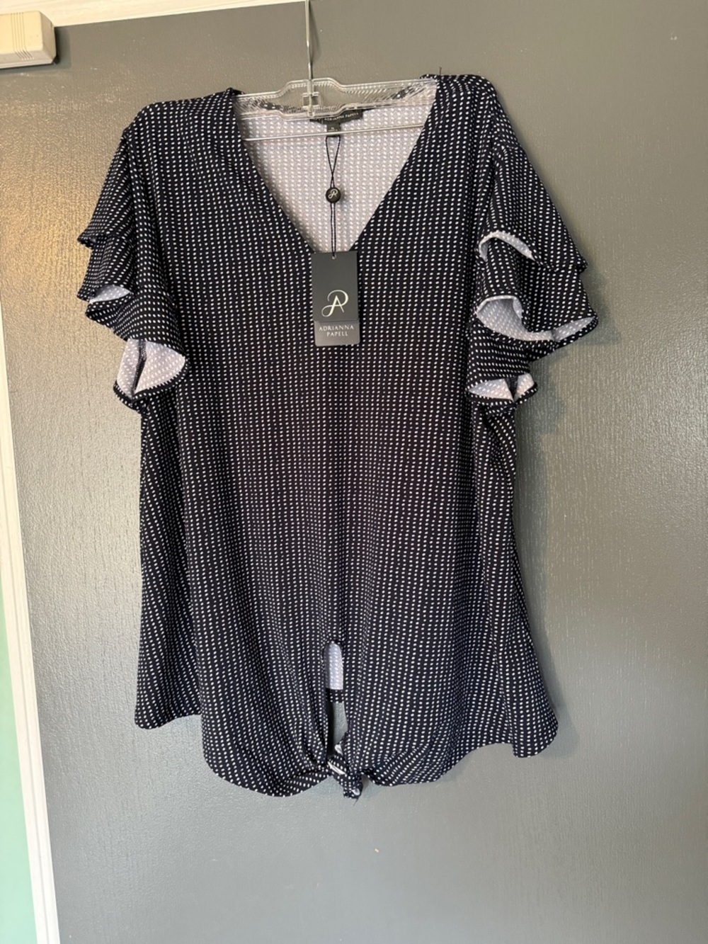 Adrianna Papell Black & White Polka Dot V-Neck Ruffle Sleeve Tie-Front Top